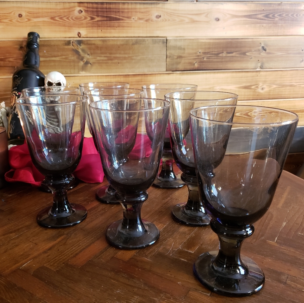 VINTAGE GOBLETS NOVA BLACK by LIBBY GLASS, 8 STEMMED WATER GLASSES , SMOKE GLASS